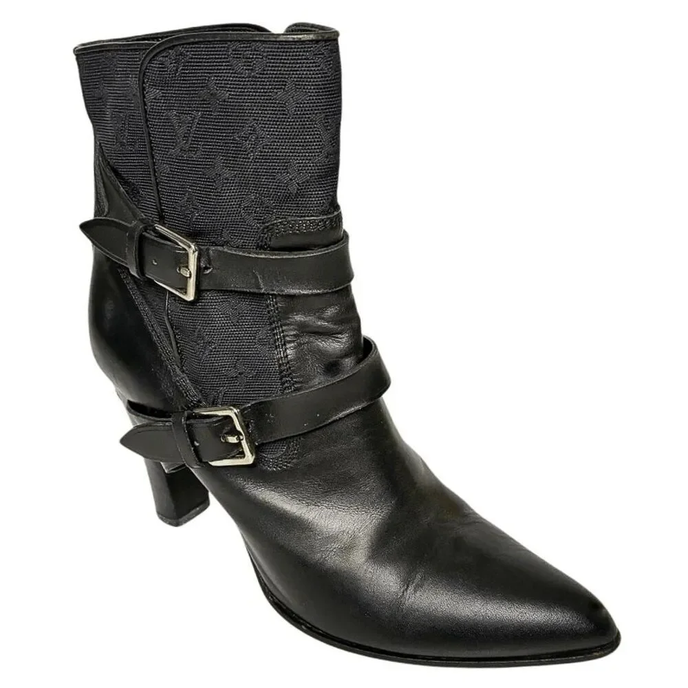 Louis Vuitton Monogram Logo Canvas + Leather Heeled Buckle Booties Black EU 36.5